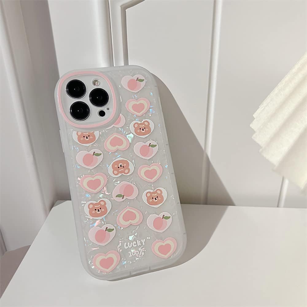 Fycyko Funda compatible con iPhone 15 Pro Max con cadena, bonita funda estética con diseño de corazón y oso con dije de perla para iPhone 15 Pro Max
