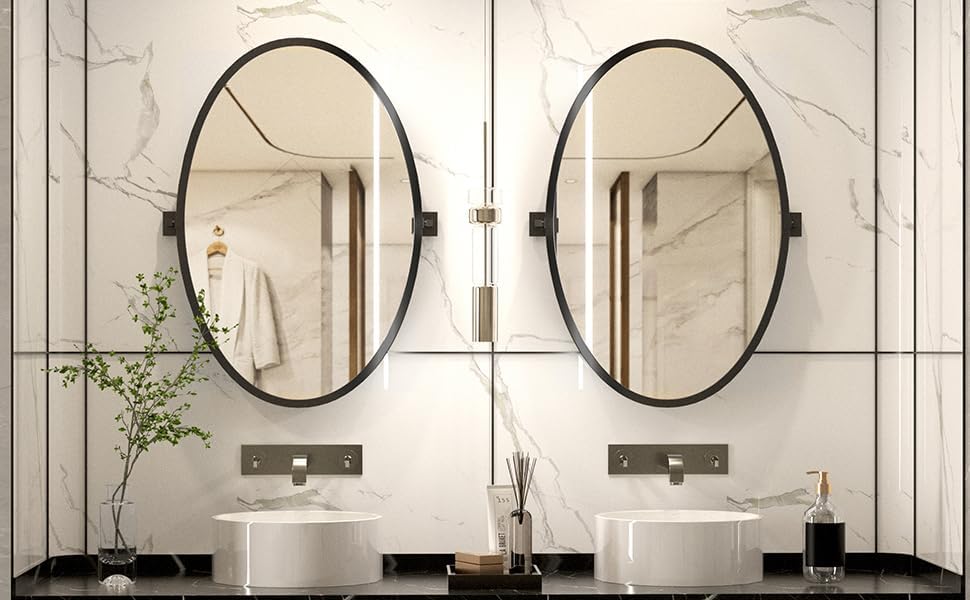 HMANGE Espejo ovalado con marco de metal negro para baño, moderno espejo de tocador montado en la pared para baño, espejo pivote para sobre el