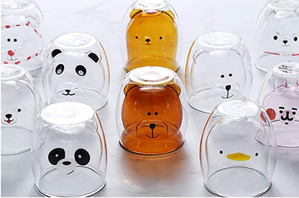 Ophelia Tazas de café creativas de cristalería de 10 onzas con cuchara, aislantes de doble pared en forma de oso, juego de tazas para bebidas frías