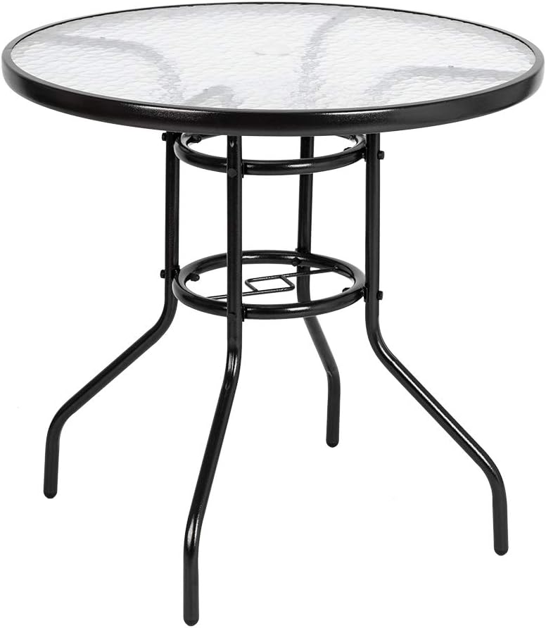 VINGLI Mesa redonda de patio con agujero para paraguas, mesa de comedor al aire libre de 32 pulgadas, mesa de patio de vidrio templado de acero mesa