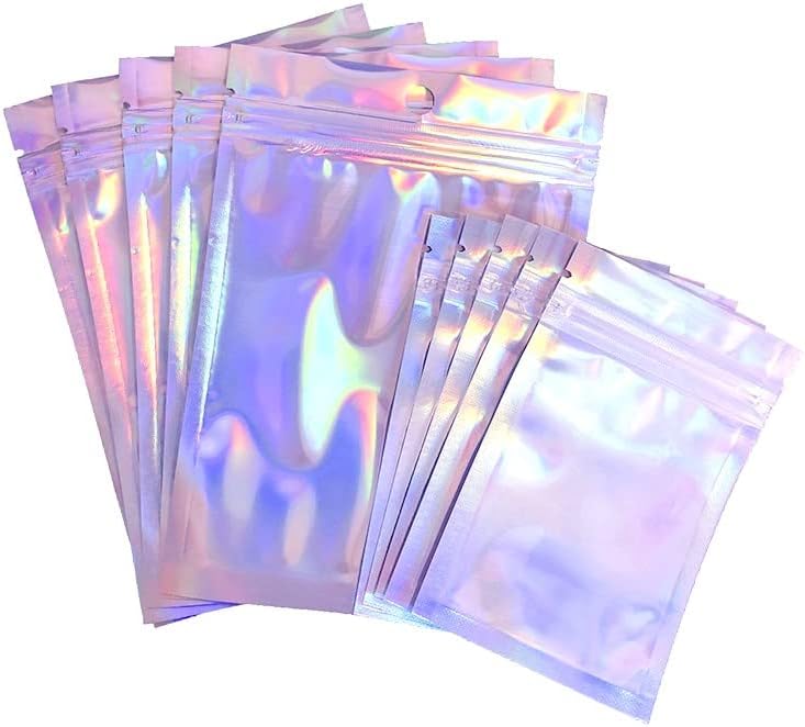 Bolsas reutilizables con cierre de cremallera, 100 bolsas holográficas de doble cara, a prueba de olores, bolsas de papel de aluminio (holográficas,
