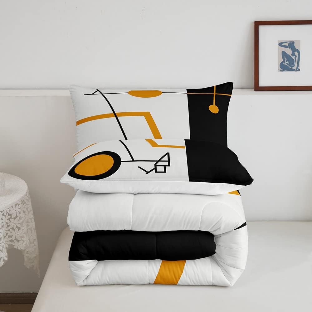 Juego de ropa de cama naranja, blanco y negro para niños y niñas, juego de edredón de rayas geométricas y remolinos circulares, edredón acolchado