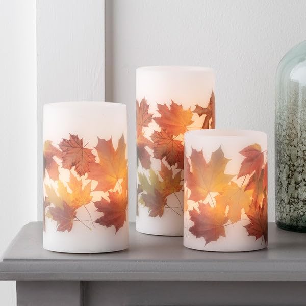 Lights4fun, Inc. – Juego de 3 velas de cera de hojas de otoño, funciona con pilas, sin llama, LED de Acción de Gracias con control remoto