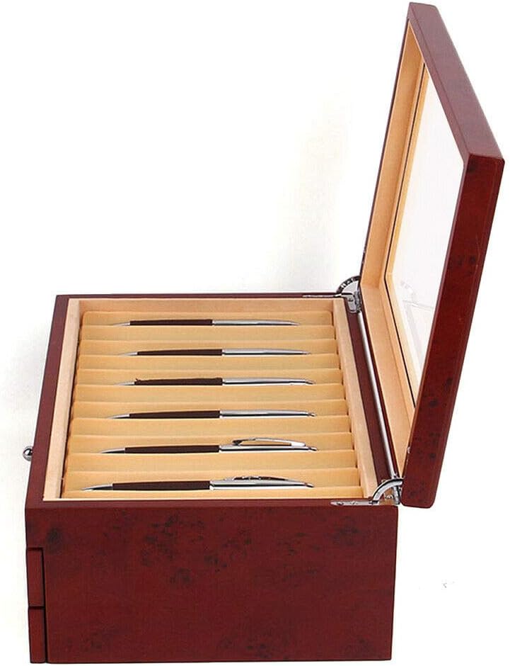 CNCEST Caja de madera para bolígrafos, 3 capas, 34 ranuras, caja de almacenamiento de madera roja, caja organizadora de almacenamiento para cajones,