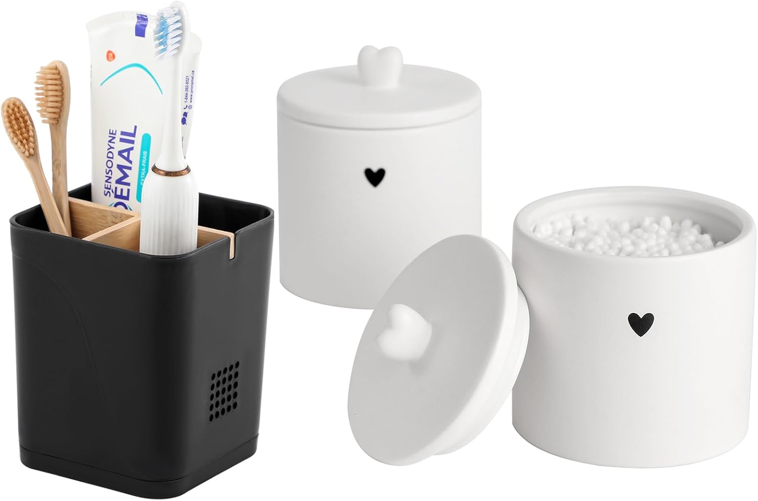 Soporte negro para cepillos de dientes con 3 ranuras y 2 soportes Qtip para baño, dormitorio, cocina