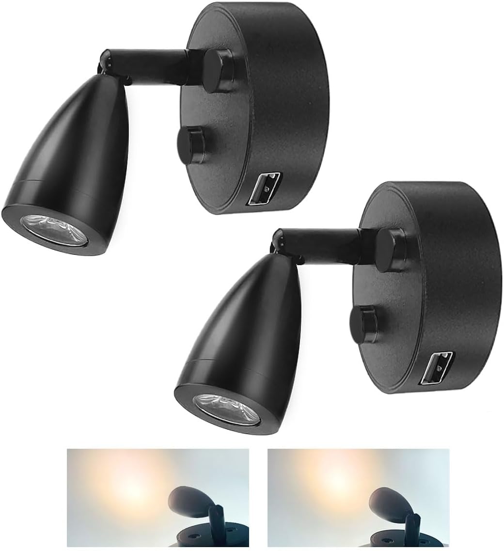 2 focos LED de 12 V a 24 V RV de tamaño pequeño, luz de lectura USB, puerto de carga USB, foco giratorio de 360, luz cálida de 3500 K regulable para