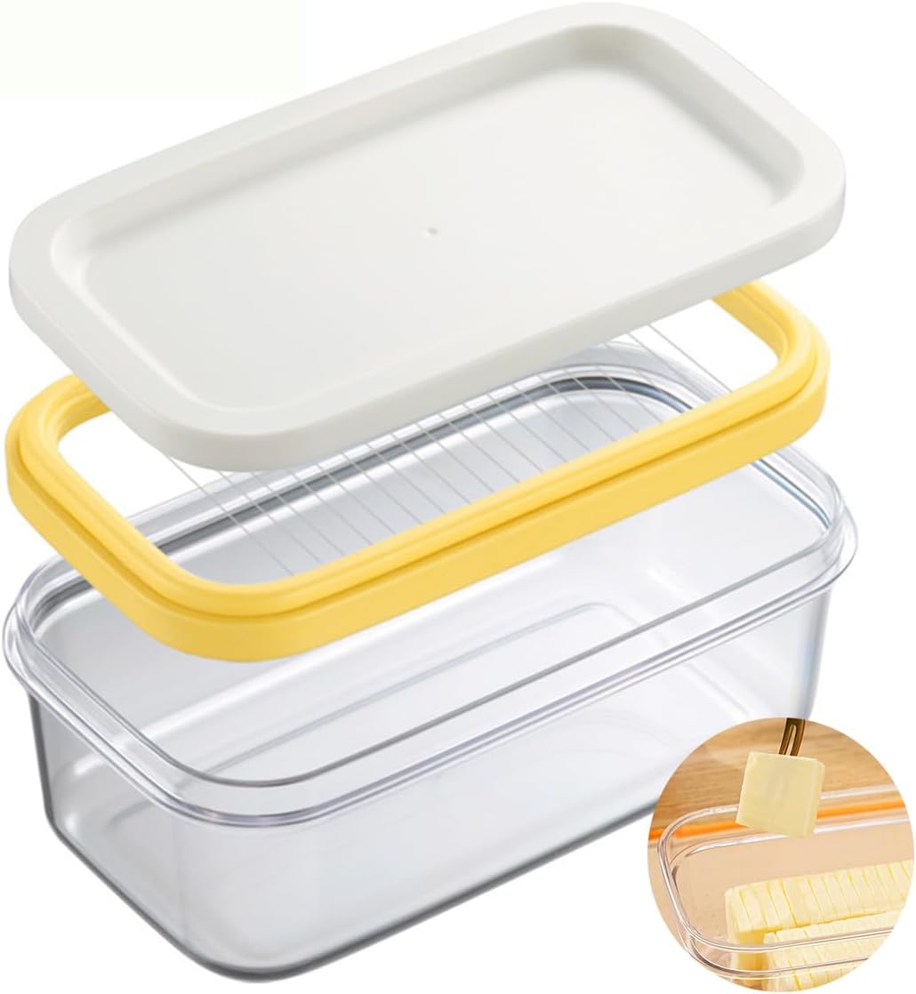 Cortador de mantequilla de acero inoxidable, cortador de mantequilla y plato, recipiente para rebanar mantequilla con tapa para refrigerador, caja
