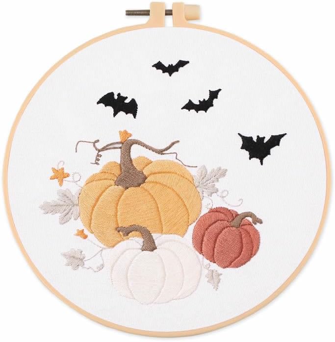 Kits de iniciación de bordado estampado con patrón para principiantes, calabaza y murciélago con aros, hilos de color, kits de punto de cruz,