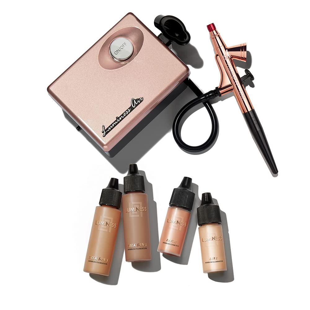 LUMINESS Legend – Sistema de aerógrafo de maquillaje y kit de base de 4 piezas, tono bronceado  Aplicación rápida, fácil y duradera  Incluye (2)