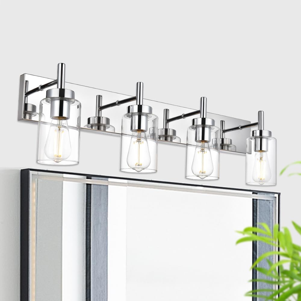 VINLUZ Iluminación de baño moderna con pantalla de vidrio transparente Lámparas de tocador de 4 luces Apliques industriales de pared con acabado