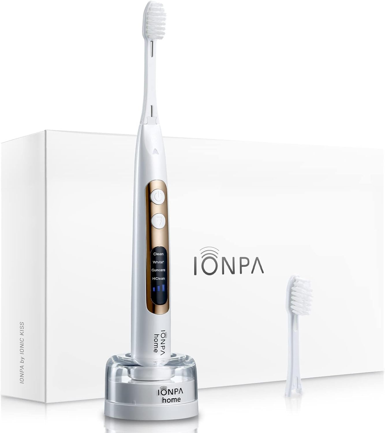 IONIC KISS IONPA DP – Cepillo de dientes eléctrico de alimentación iónica recargable por USB, 2 x regular, 2 x anchos, 2 cabezales de cepillo