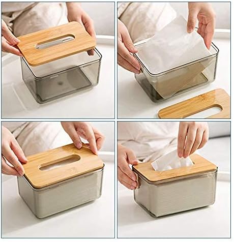 Soporte para pañuelos, caja dispensadora de hojas para secadora con tapa de madera de bambú, recipiente transparente, diseño minimalista moderno,