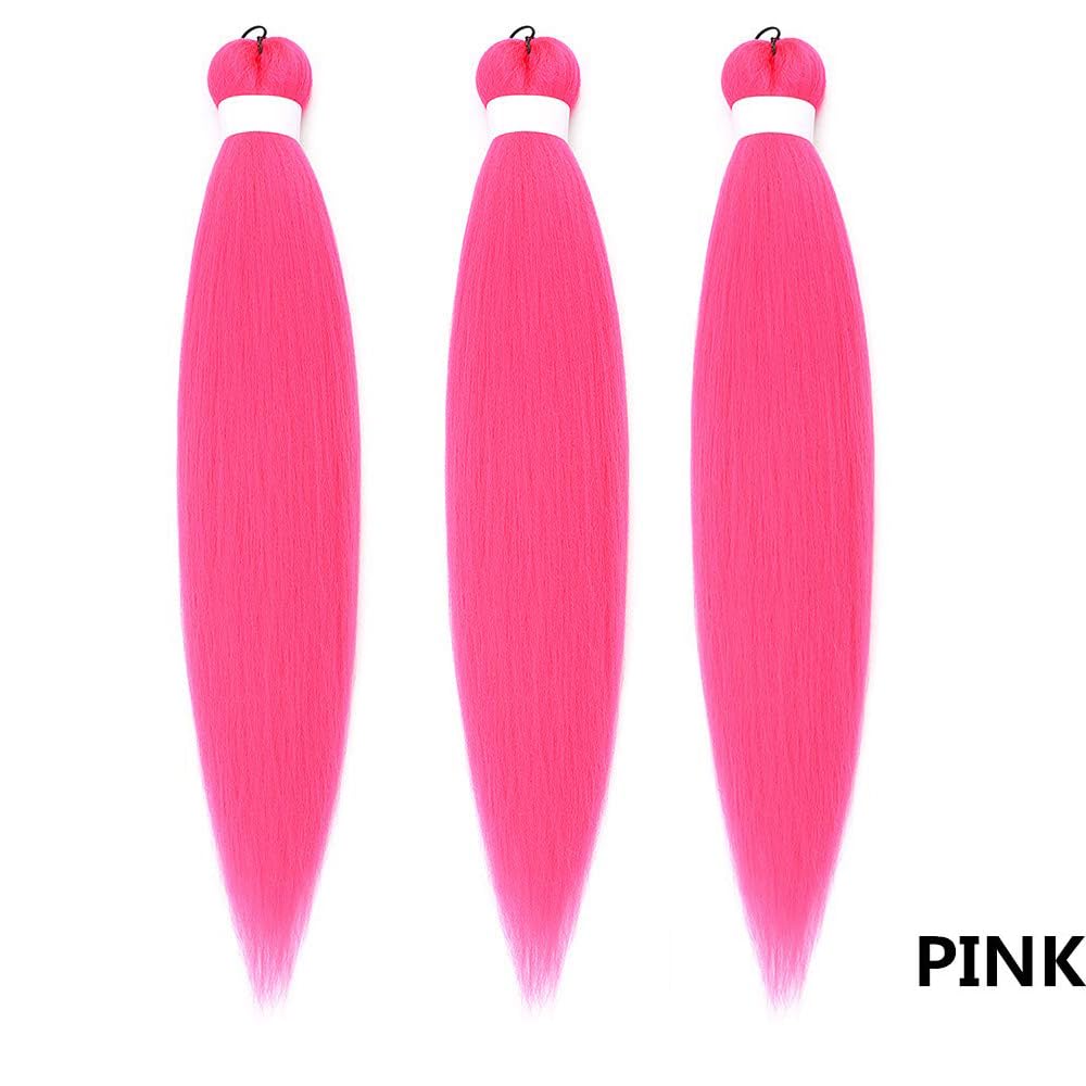 Cabello trenzado ignífugo preestirado de color rosa intenso, 3 paqueteslote, trenzas sin picazón, ajuste de agua caliente, fibra sintética, textura