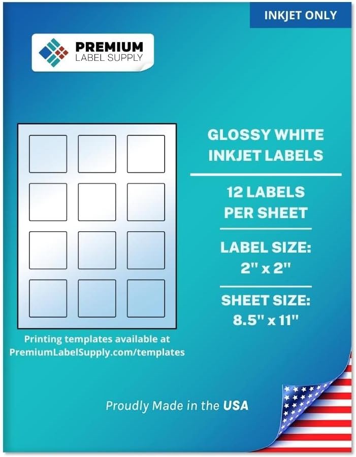 Premium Label Supply Etiquetas cuadradas adhesivas blancas brillantes con sangrado, 2 x 2 pulgadas, (12 etiquetashoja) (blanco brillante solo para