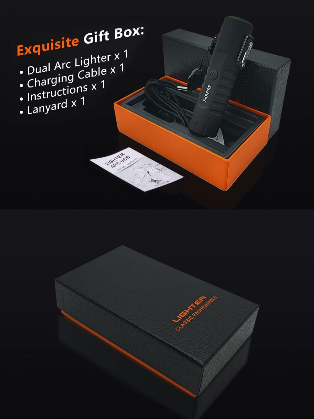 SKRFIRE Encendedor eléctrico recargable USB de plasma de doble arco, impermeable, fresco, portátil, con brújula, linterna a prueba de viento,