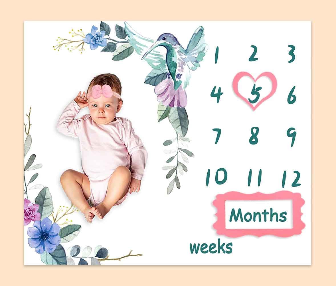 BTXTPH504 – Manta mensual de hitos para bebé, tabla de crecimiento personalizada de pájaro floral azul, fotos de bebé, 48 x 40 pulgadas, fondo de