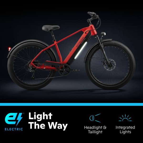 Schwinn Coston – Bicicleta híbrida eléctrica para adultos, marco de paso y paso sobre marcos, 7 velocidades, ruedas de 27.5 pulgadas, marco de