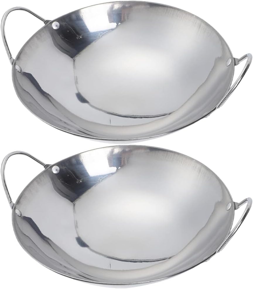 Happyyami Sartén de metal para wok, 2 piezas de acero inoxidable, sartén pequeña con doble mango antiadherente para estufas de gas eléctricas de