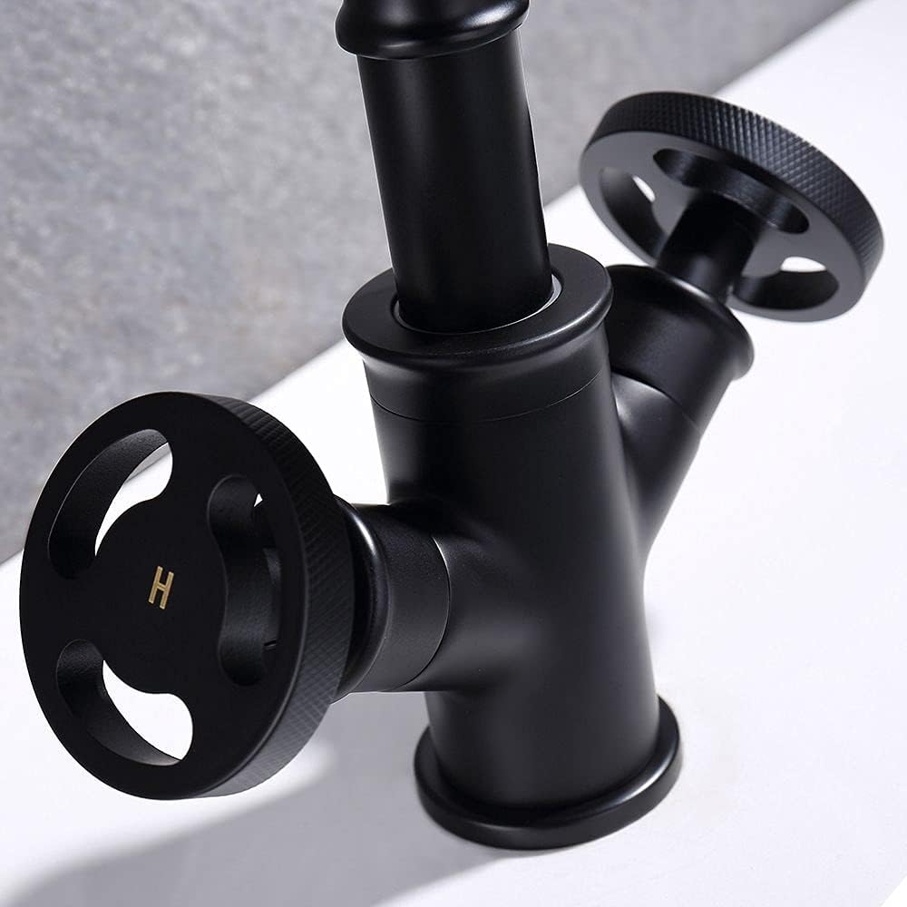 KunMai Tubo industrial solo agujero dos manijas grifo lavabo doble manijas latón macizo en negro mate