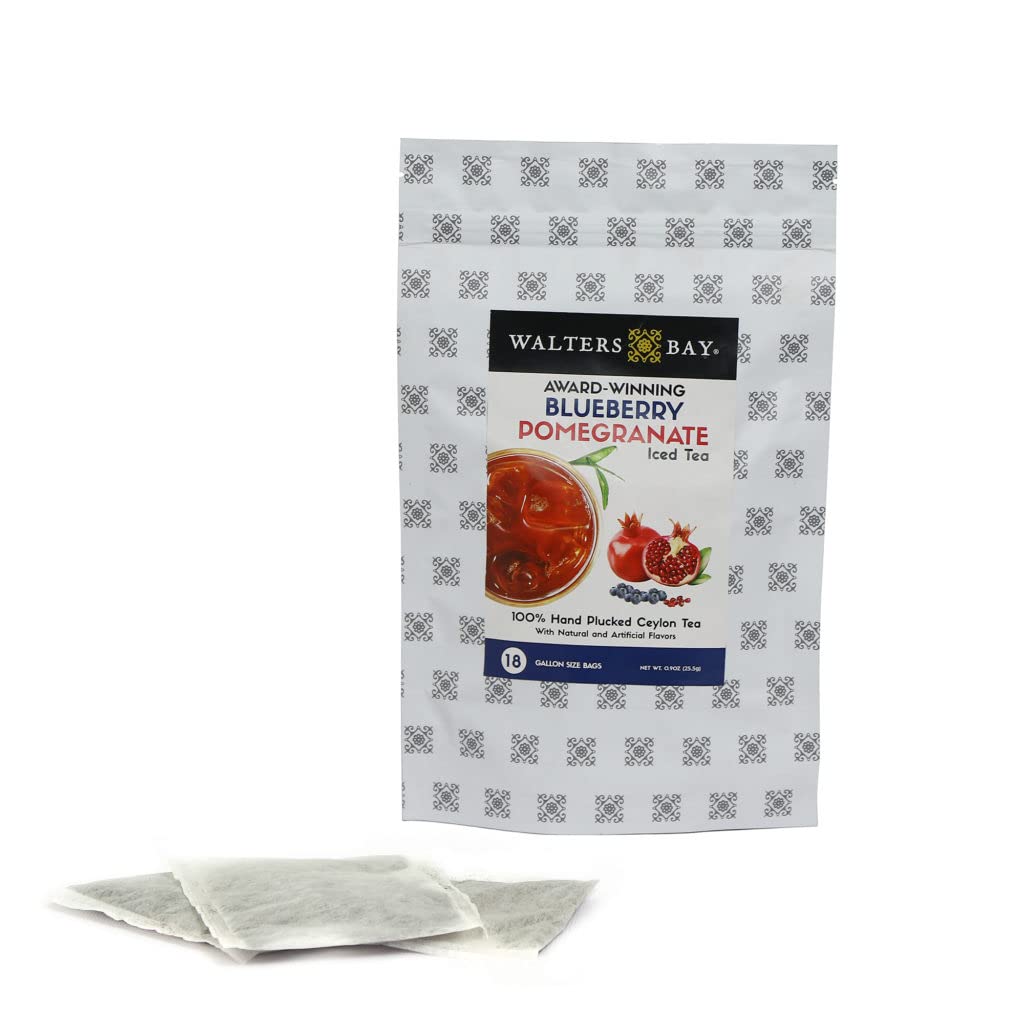 Walters Bay Té helado de granada de arándanos, 18 unidades, bolsas de té de tamaño de galón, té negro de Ceilán, sin azúcar, sabor a granada de