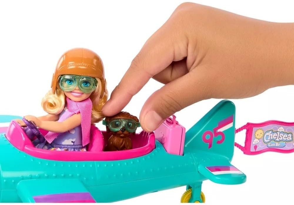 Barbie Chelsea Can Be – Juego de muñeca y avión, avión de 2 plazas con hélice de margarita giratoria y 7 accesorios, incluye cachorro y calcomanías