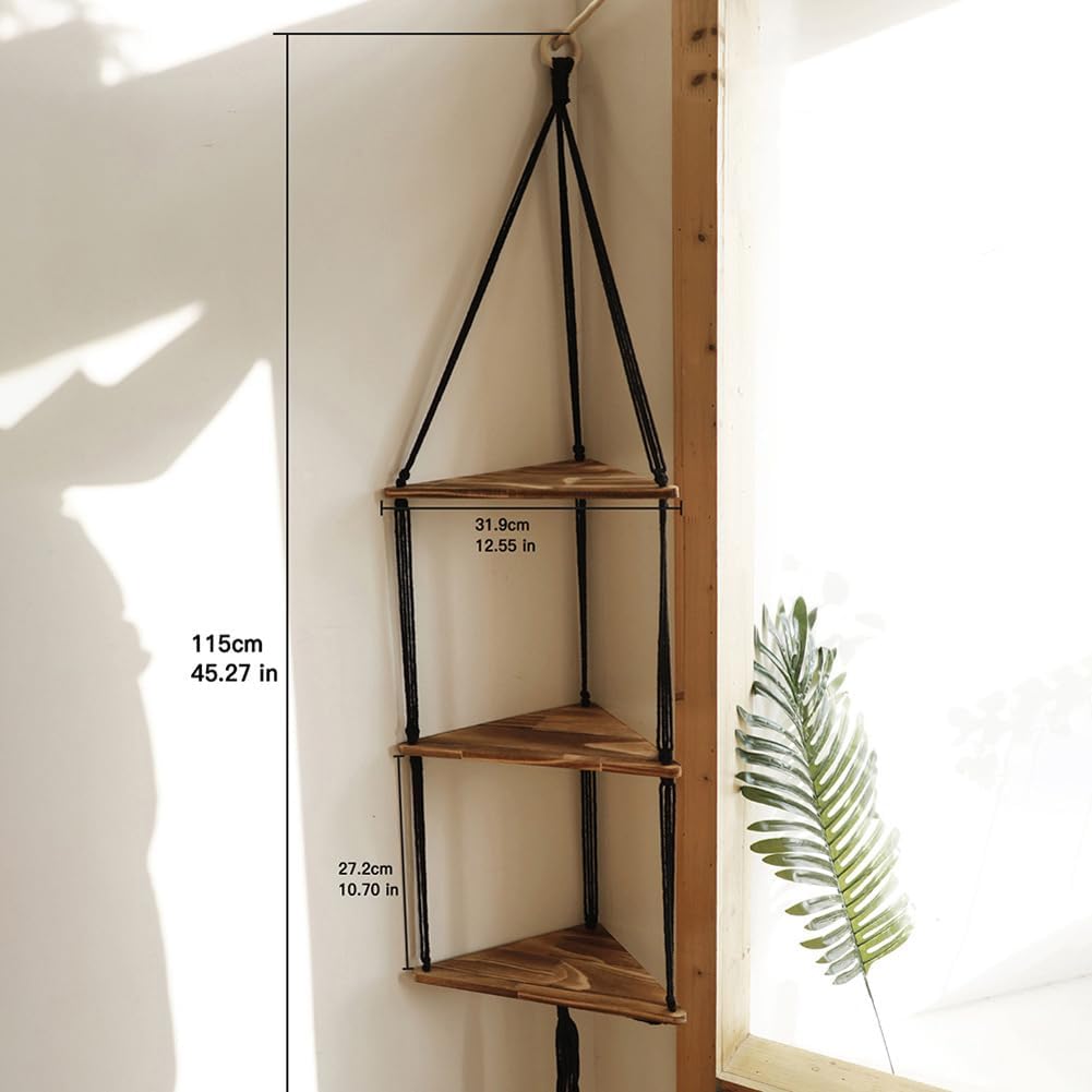 YardGo Estantes colgantes para pared, estante flotante de madera de 3 niveles de macramé, estantes de baño hechos a mano, estantes de almacenamiento