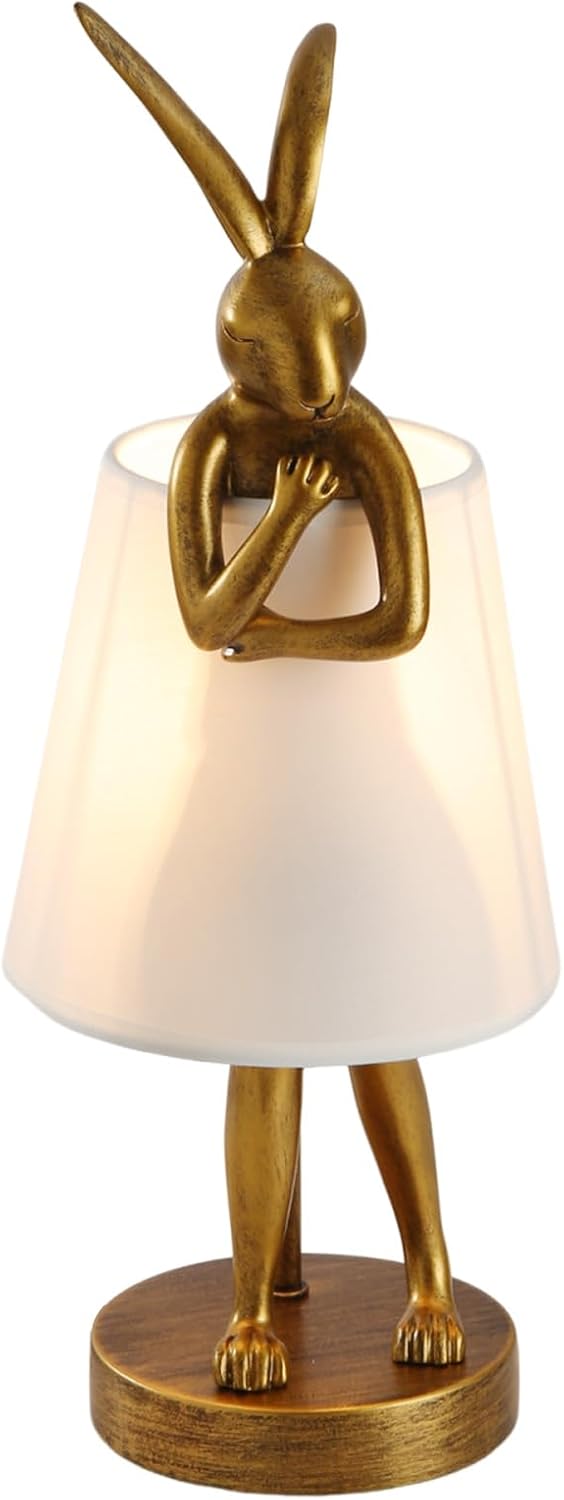Lámpara de mesa de conejo, luz de escritorio de conejo de resina dorada de 15.7 pulgadas con pantalla de tela blanca, mesita de noche de los niños,