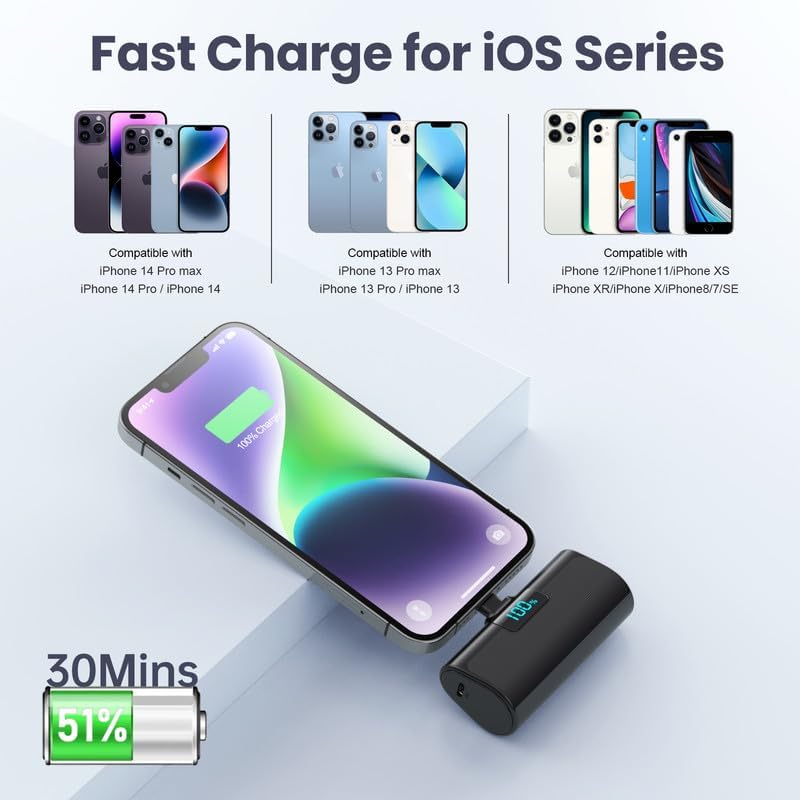Cargador portátil pequeño para iPhone, mini banco de energía con certificación MFi de 5200 mAh, cargador de teléfono portátil de viaje de carga