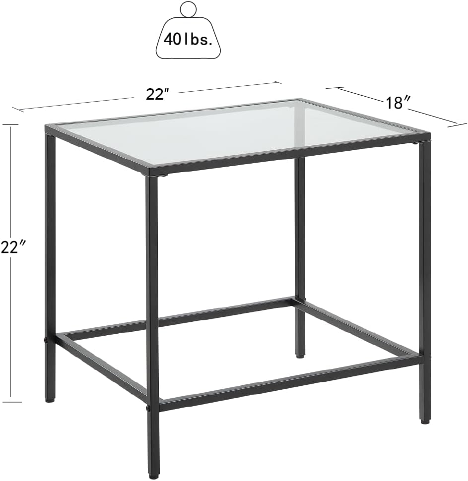 CAWS Mesa auxiliar negra de 22 pulgadas de ancho, mesa auxiliar rectangular de vidrio templado con marco de metal negro, mesa decorativa, mesita de