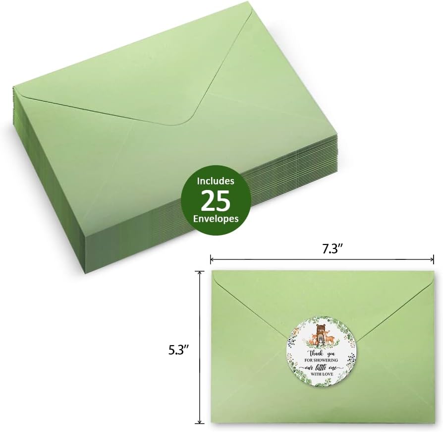 25 invitaciones para baby shower de bosque con sobres, boletos para rifas de pañales y tarjetas de solicitud de libros, calcomanías de animales del