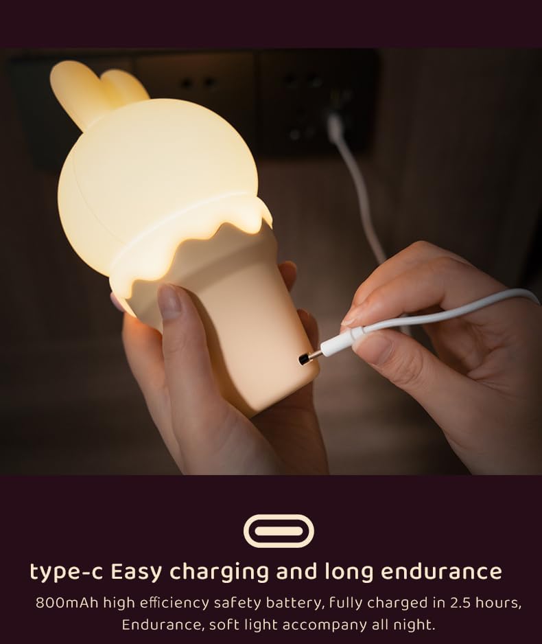 DSSTOF – Lámpara de luz nocturna de conejo de helado para dormitorio, lámpara recargable linda kawaii, lámpara de noche de grifo, luces nocturnas