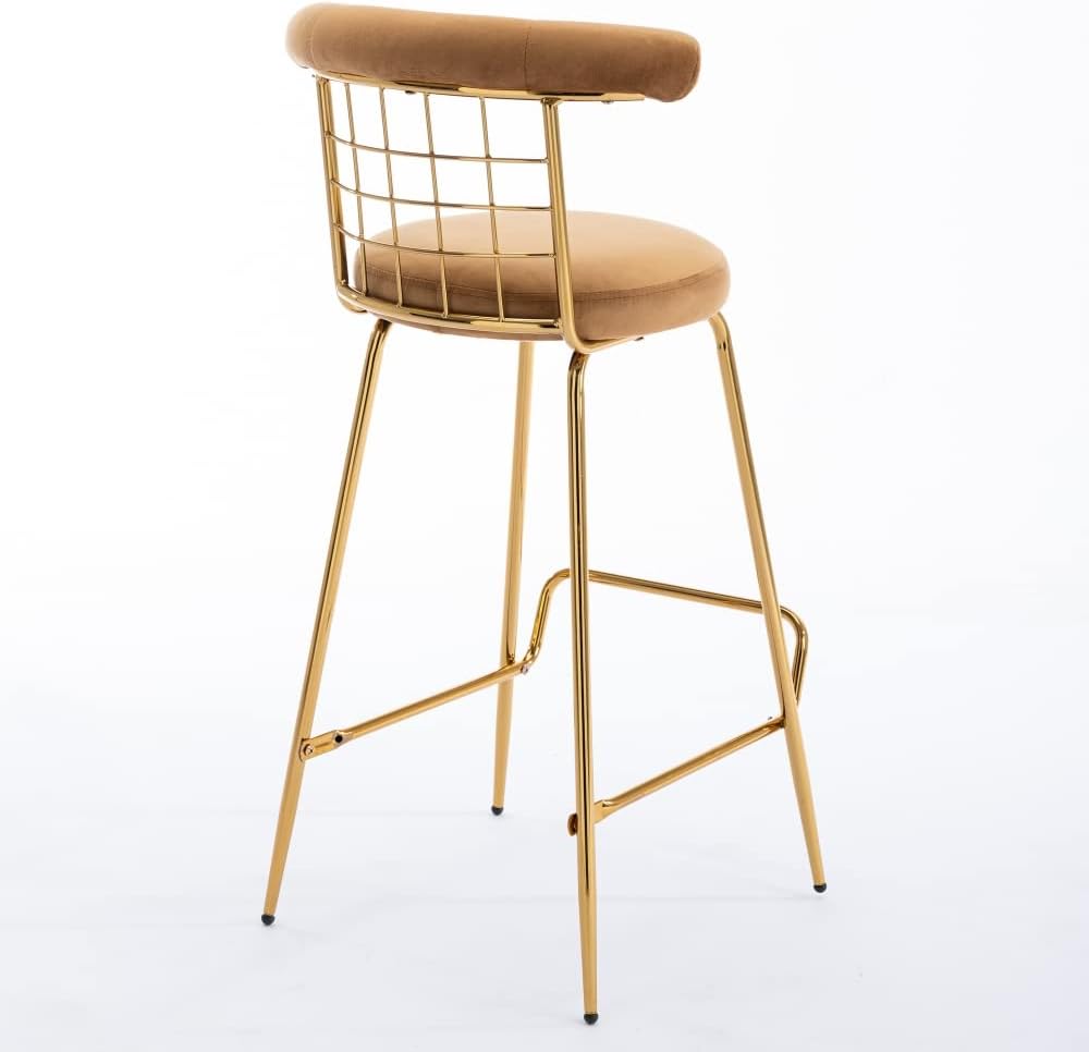 Juego de 2 taburetes altos de terciopelo de lujo con patas de metal y respaldo suave, sillas modernas de comedor sin brazos, taburetes de bar para