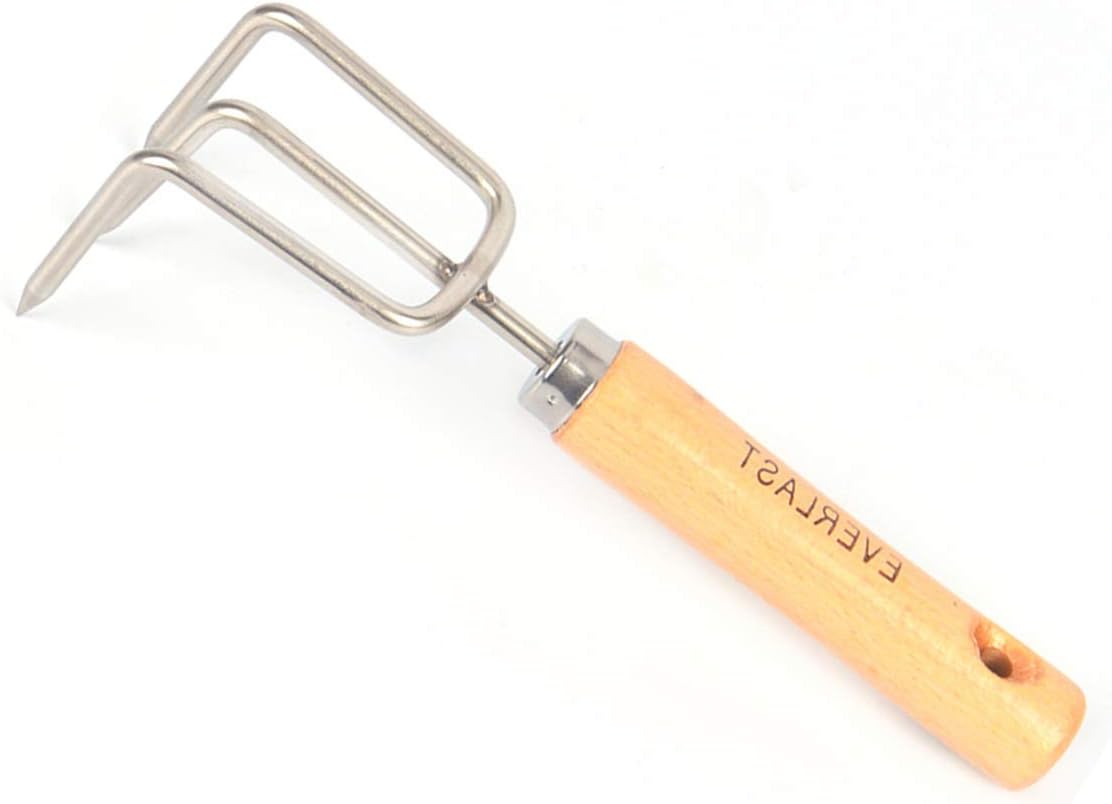 TOPBATHY Mini rastrillo pequeño de acero inoxidable para jardín, agarre firme, mango de madera, rastrillo de garra corta fuerte, herramienta de