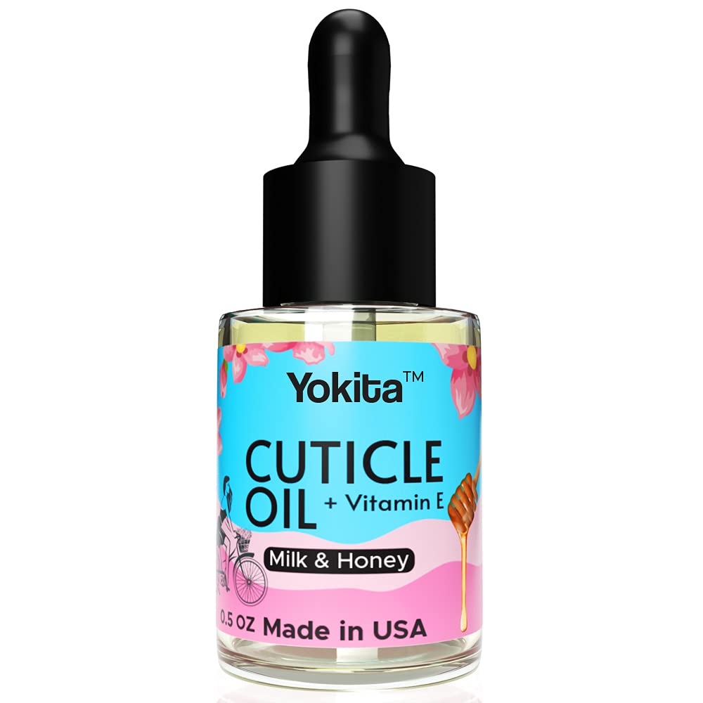 Yokita Aceite de cutícula prémium con cepillo para leche y miel, infusión curativa natural, calma e hidrata las cutículas con vitamina E, 0.5 onzas