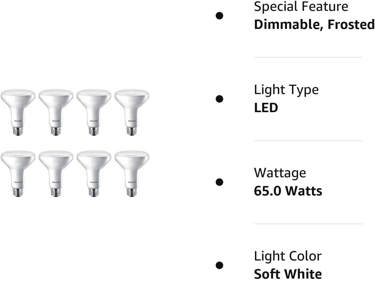 Bombilla de inundación BR30 regulable sin parpadeo, 650 lúmenes, luz blanca suave (2700 K), 11 W  65 W, base E26, paquete de 8