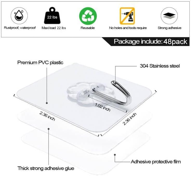 Ganchos adhesivos para colgar, paquete de 48 ganchos de pared adhesivos de acero inoxidable, 22 libras (máximo), extraíbles, resistentes al agua,