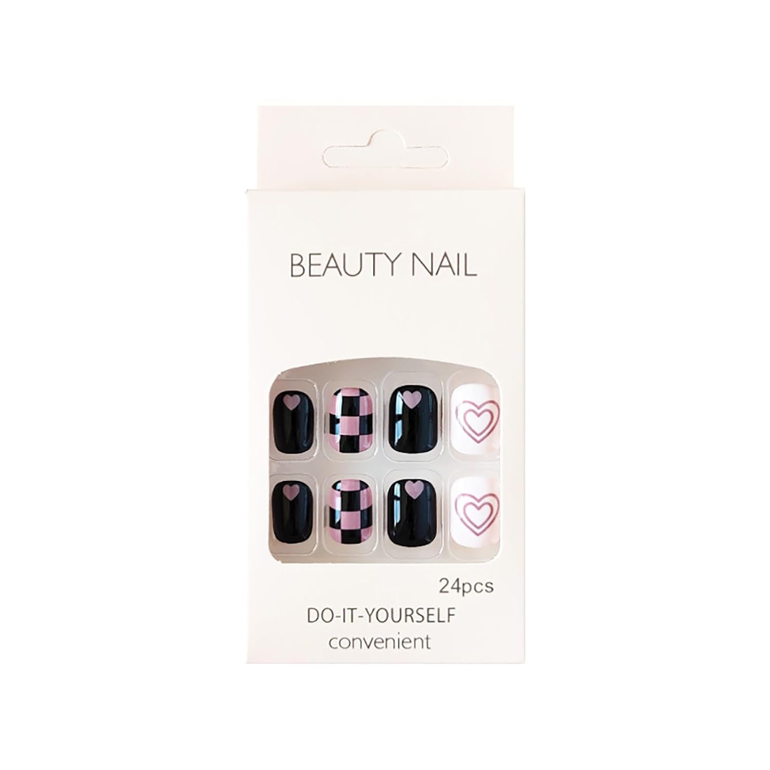 KKUUOO Uñas postizas cuadradas a presión de otoño, uñas postizas medianas con tablero de ajedrez y diseño de corazón, uñas acrílicas rosas y negras,