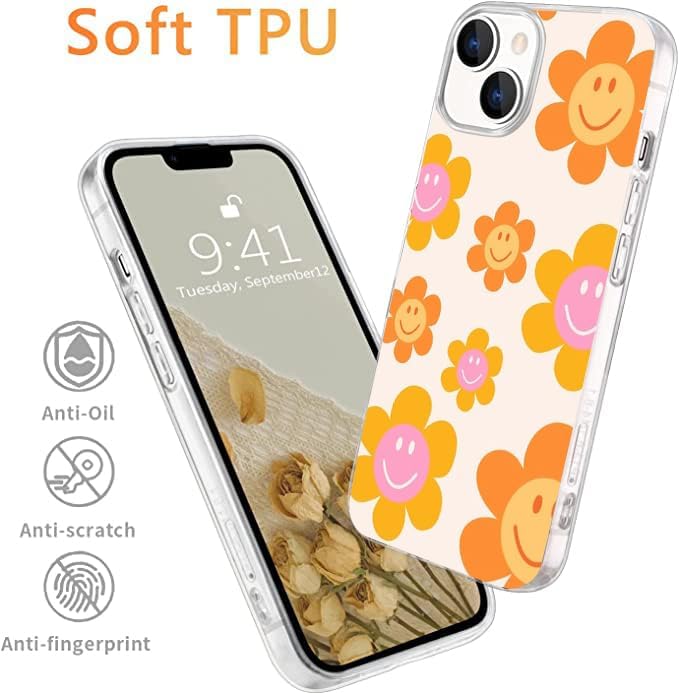 Funda compatible con iPhone 13  Indie Smile Face Flower Daisy Hippie Retro 90s Naranja Estética Elegante Duradera Protección de Cuerpo Completo