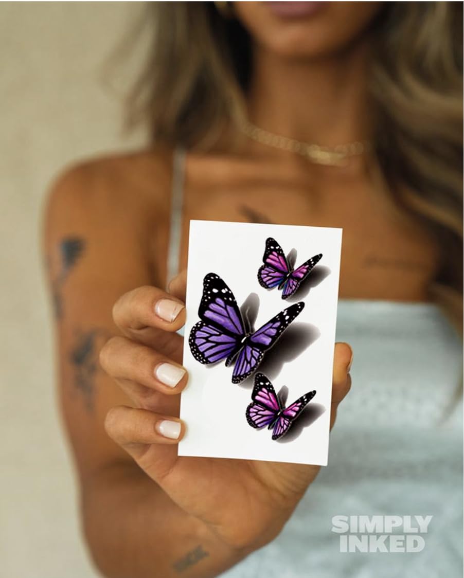Simply Inked Mini mariposas – Tatuaje 3D, tatuaje temporal 3D de diseñador para niñas, niños, hombres y mujeres, etiqueta engomada impermeable