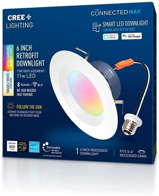 Cree Lighting Connected Max Smart Led Downlight de 6 pulgadas ajustable blanco + cambio de color, 2.4 GHz, funciona con Alexa y Google Home, no