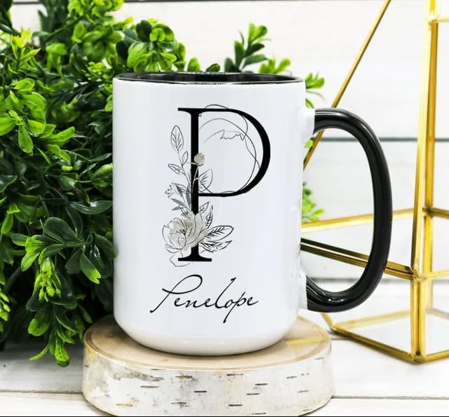 Taza de café personalizada con nombre inicial con monograma, taza de café con nombre personalizado, taza de café floral, regalo para su regalo de