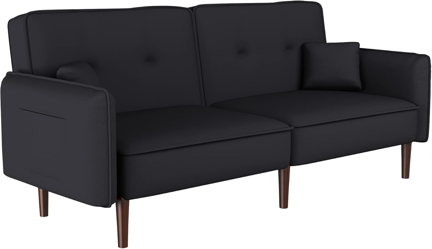 Sofá biplaza tipo futón, sofá cama convertible con bolsa para revistas, patas de madera maciza en tela negra para sala de estar, dormitorio,