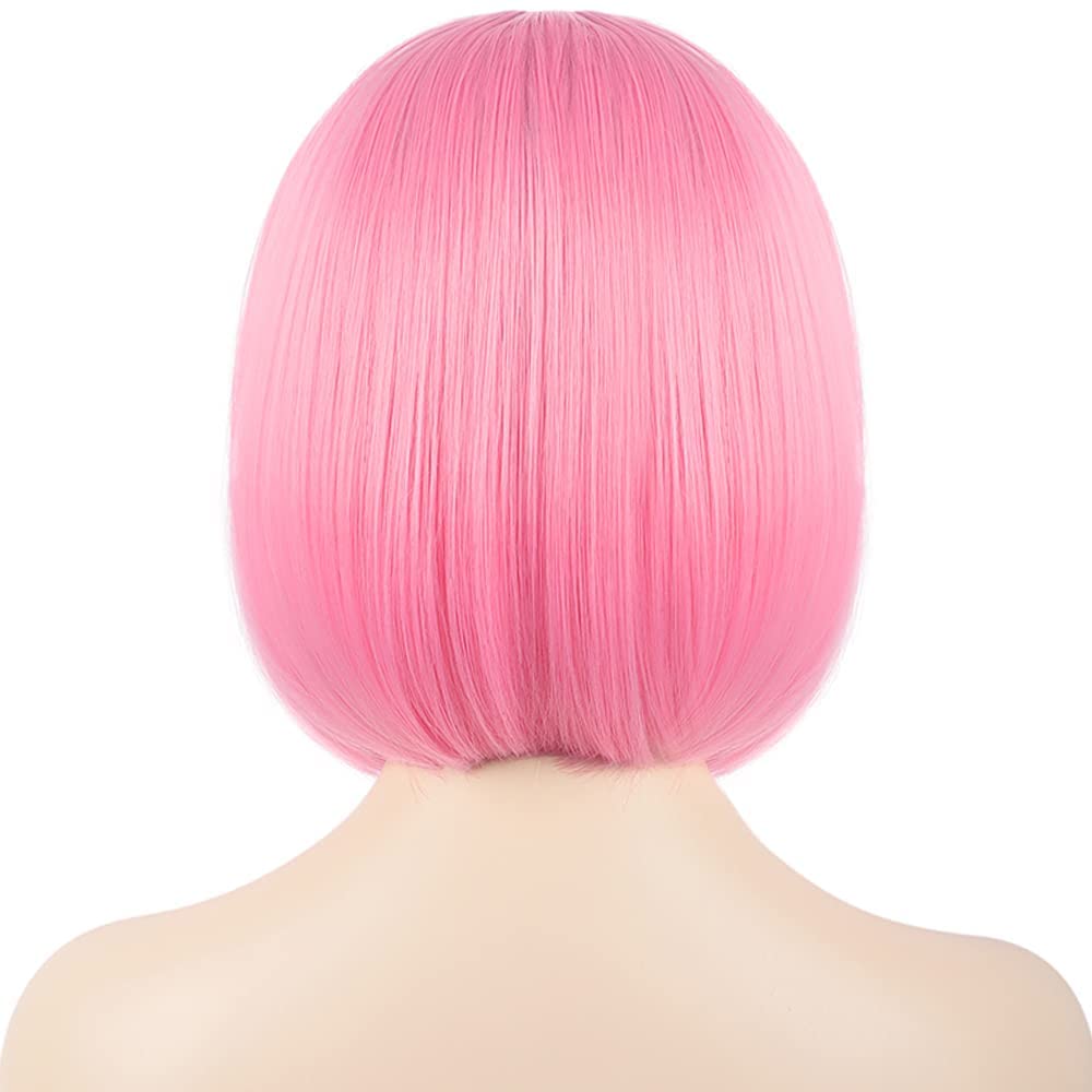 Peluca Bob con flequillo, pelucas rosas de 12 pulgadas para mujer, pelucas cortas de aspecto natural con flequillo, peluca Bob súper linda fácil de