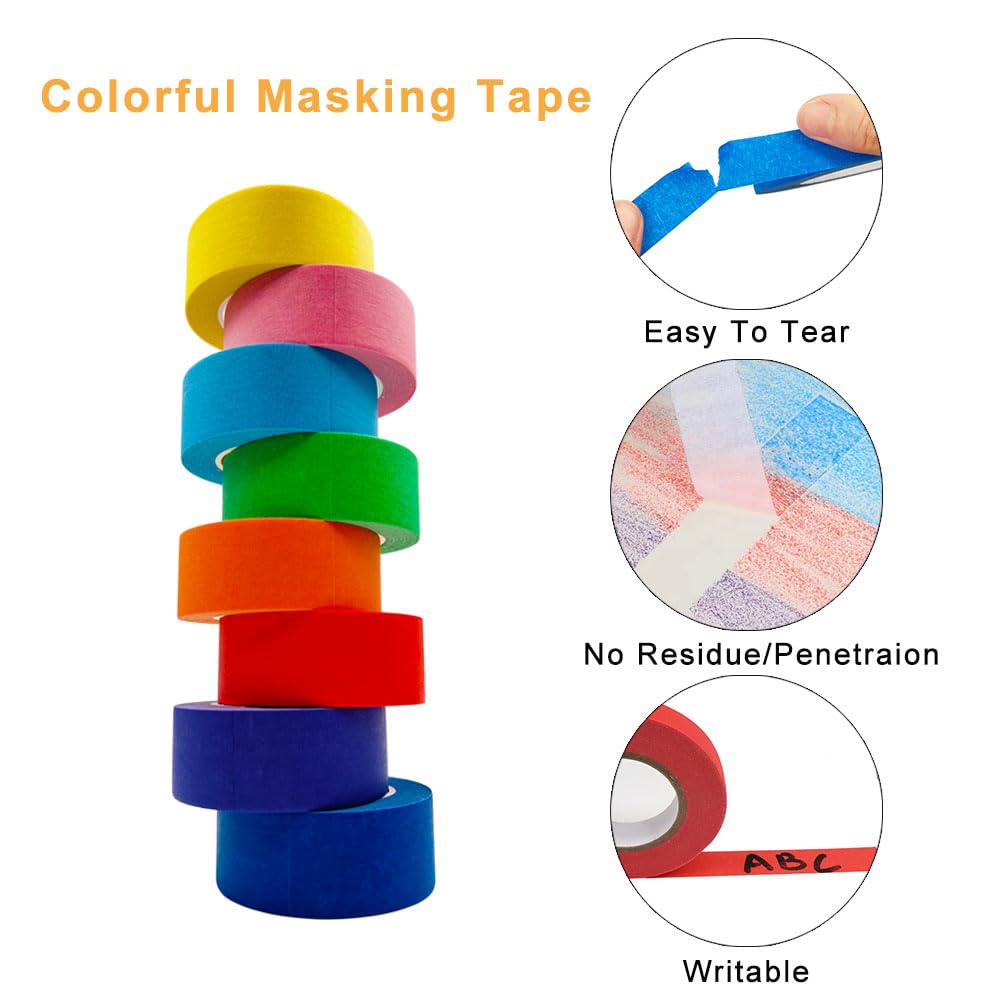 8 cintas adhesivas de colores para pintores, 1 pulgada x 16.4 yardas, cintas de arte coloridas de arcoíris, suministros de arte para niños, ideal