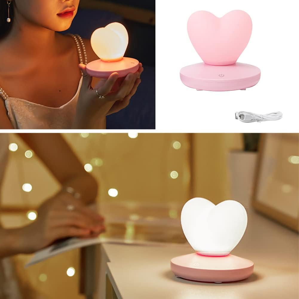 Luz nocturna en forma de corazón, bonita lámpara, lámpara de noche recargable por USB, 3 engranajes, luces portátiles de silicona de corazón, regalo