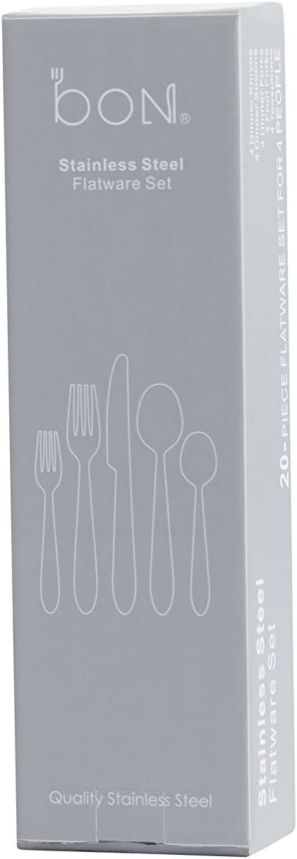 Bon Scoop – Juego de cubiertos de acero inoxidable de 20 piezas, incluye cuchillo, tenedorcuchara, pulido espejo, apto para lavavajillas, servicio