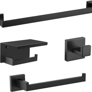 TURS Juego de accesorios de baño negro de 4 piezas, incluye toallero de 24 pulgadas, soporte para toallas de mano, gancho para toallas, soporte para TURS Juego de accesorios de baño negro de 4 piezas, incluye toallero de 24 pulgadas, soporte para toallas de mano, gancho para toallas, soporte para