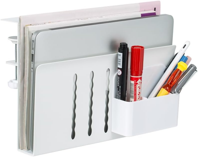 Soporte de almacenamiento lateral para escritorio, soporte para laptop con soporte magnético para bolígrafos, bandeja de gestión de cables debajo