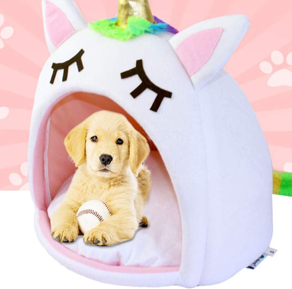Hemobllo Cama para animales pequeños, cama suave y cálida para mascotas para invierno, linda tienda de campaña de unicornio, perro, gato, cama para