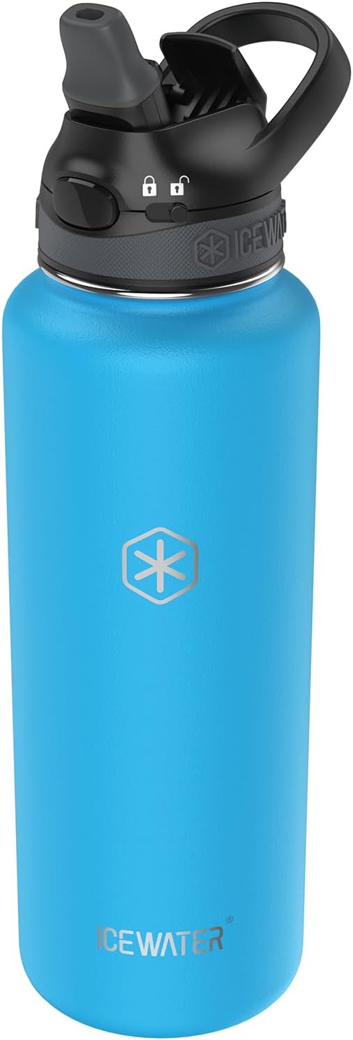 ICEWATER – Botella de agua aislada de 40 onzas con tapa de popote automático y asa de transporte, tapa bloqueable a prueba de fugas con boquilla de